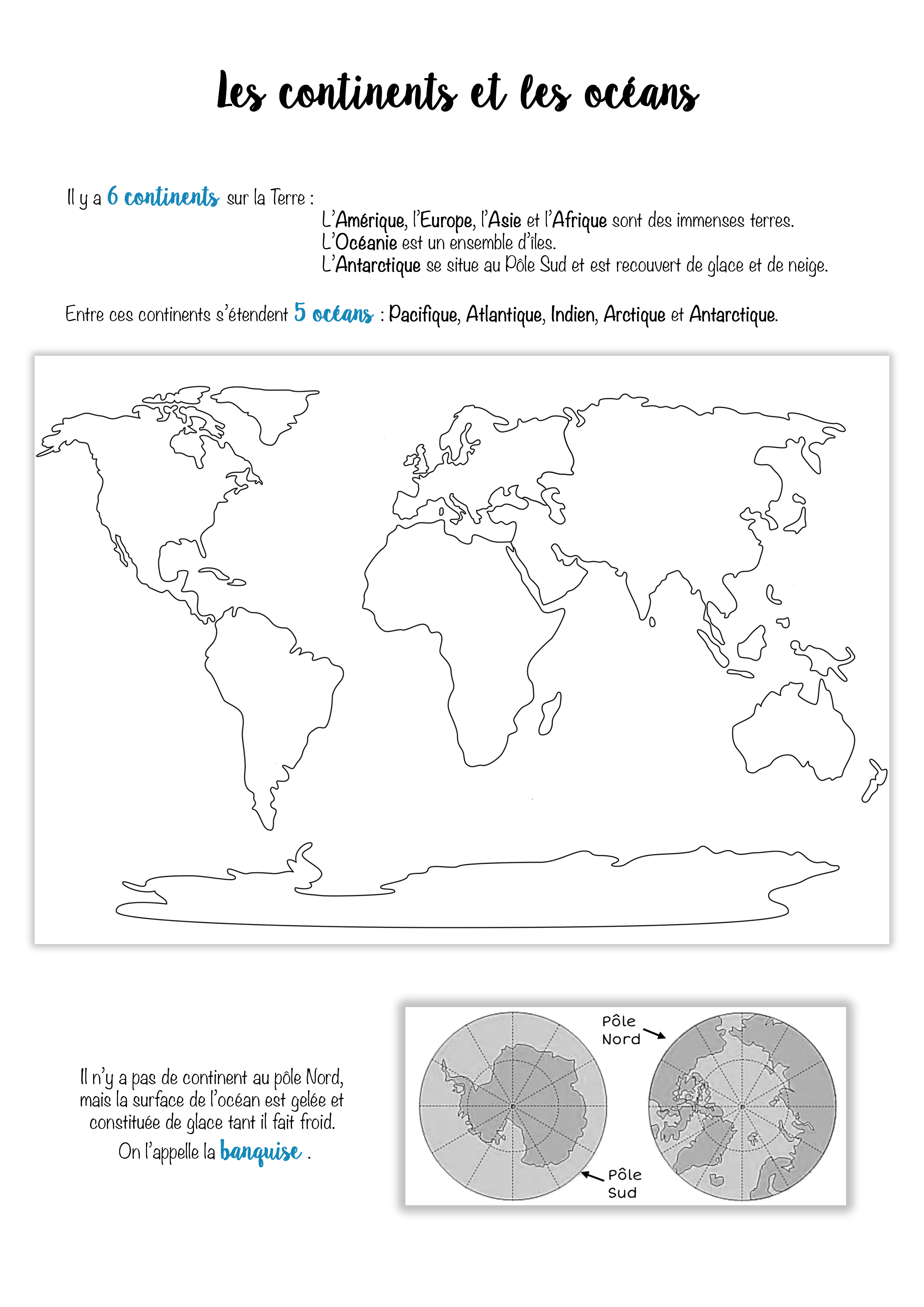 Carte des continents, Continents et océans, Planisphère à imprimer